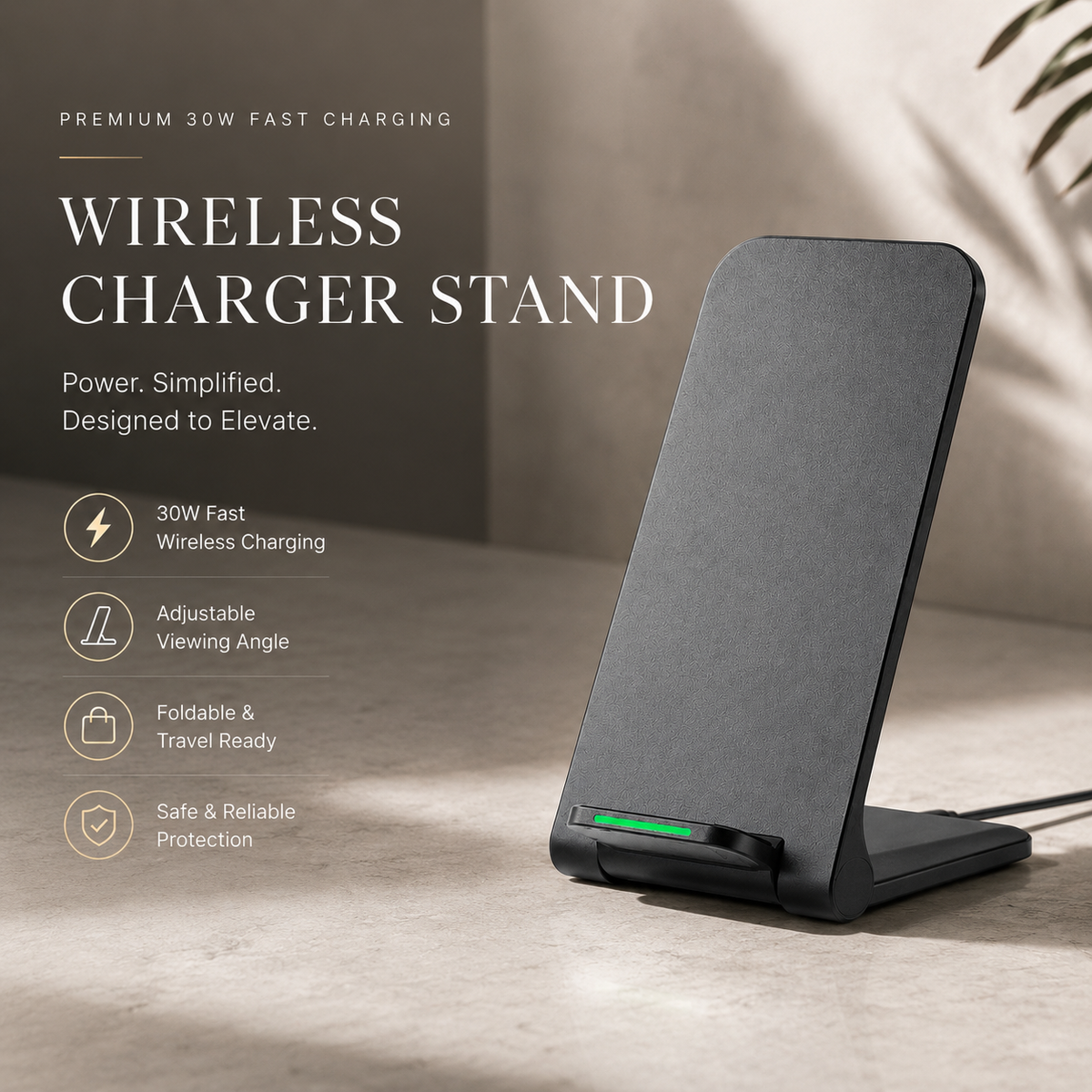 Premium 30W Wireless Charger Stand Fast Charging Foldable Phone Charging Stand USB C Vertical Horizontal Viewing Compatible with iPhone Travel Design