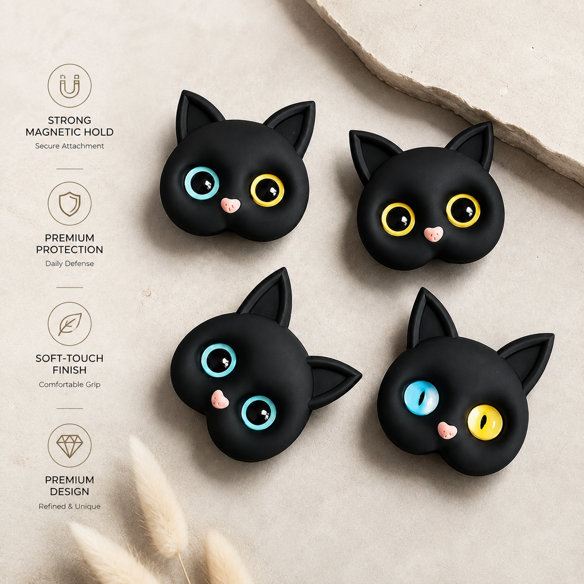 Premium 3D Cat Phone Grip Holder Korean INS Style Air Cushion Finger Ring Stand Foldable Rotating Anti Drop Smartphone Accessory Compatible with iPhone