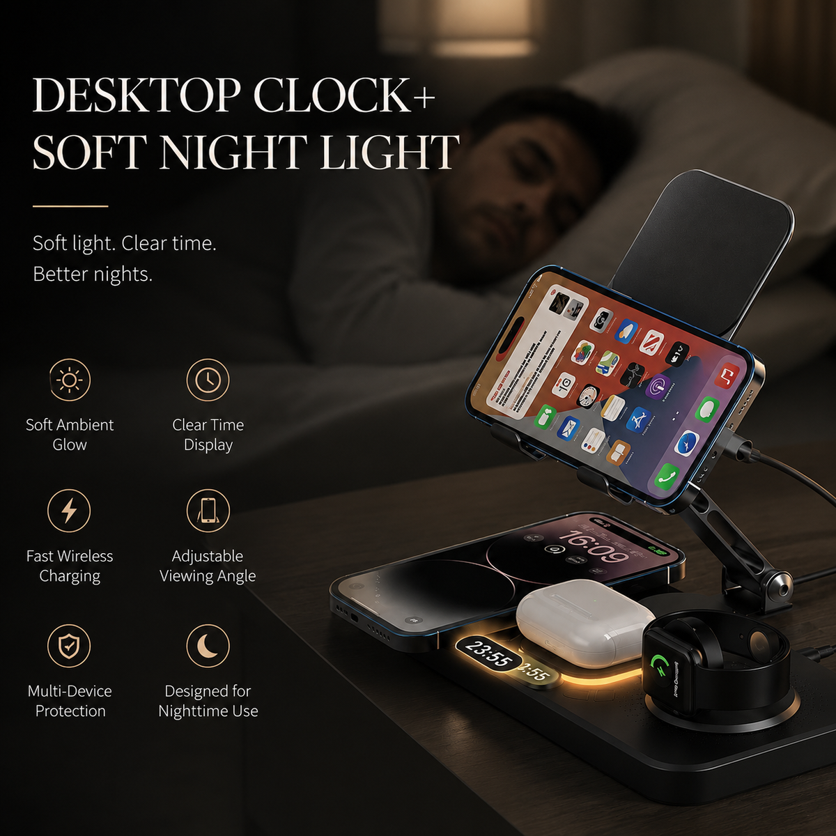 Premium 4 in 1 Magnetic Wireless Charging Station 15W Fast Charger Foldable Stand Phone Watch Earbuds LED USB Type C Compatible with iPhone