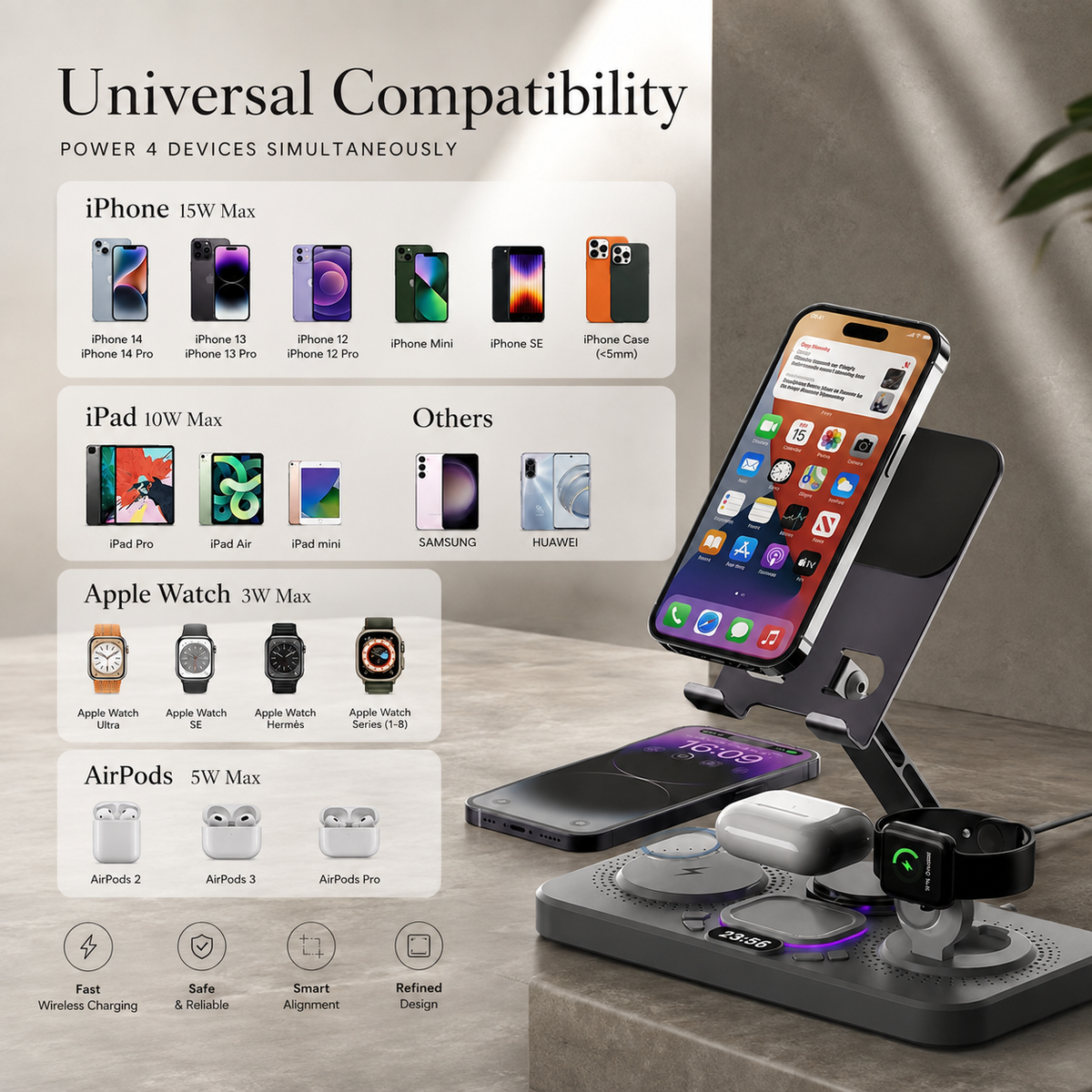 Premium 4 in 1 Magnetic Wireless Charging Station 15W Fast Charger Foldable Stand Phone Watch Earbuds LED USB Type C Compatible with iPhone