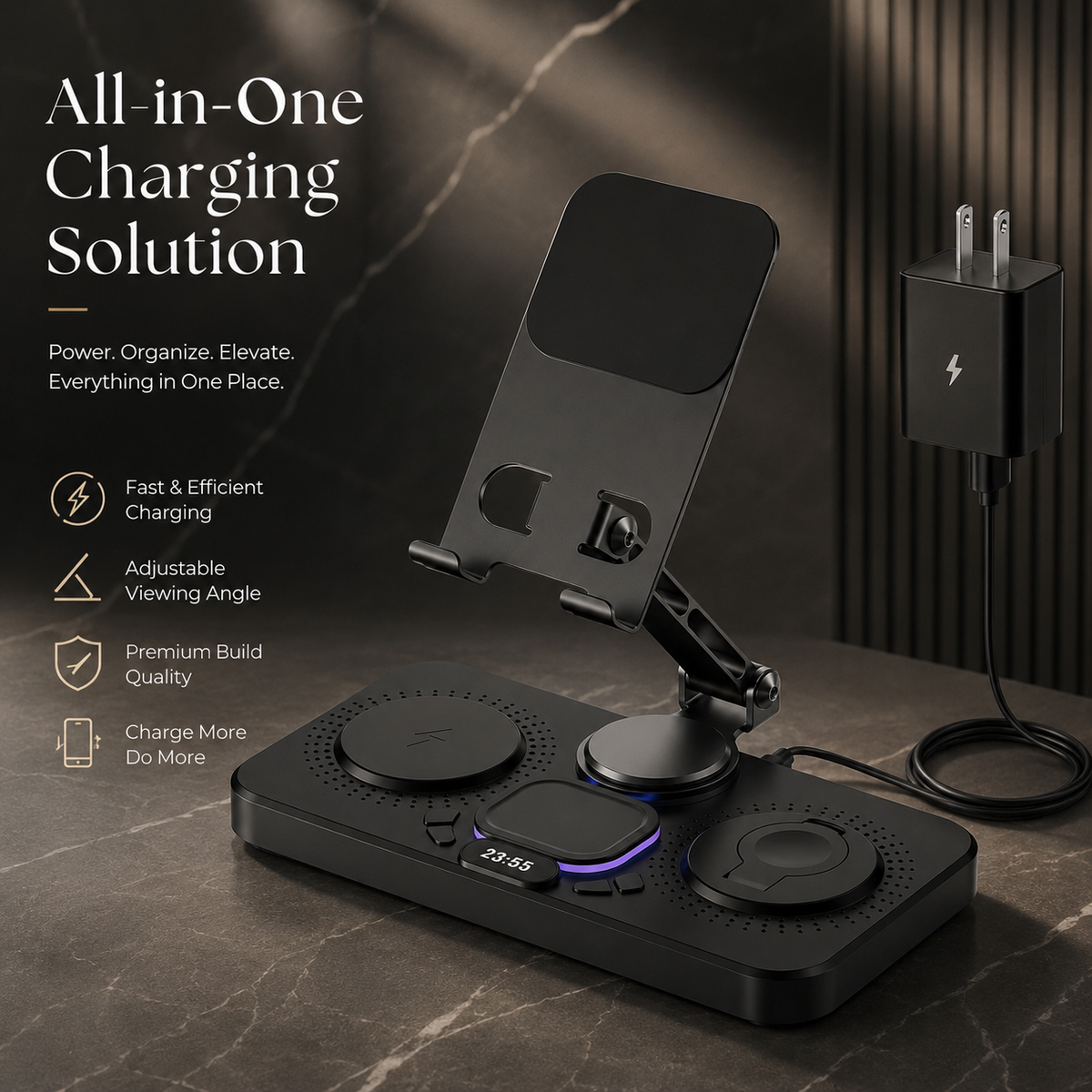 Premium 4 in 1 Magnetic Wireless Charging Station 15W Fast Charger Foldable Stand Phone Watch Earbuds LED USB Type C Compatible with iPhone