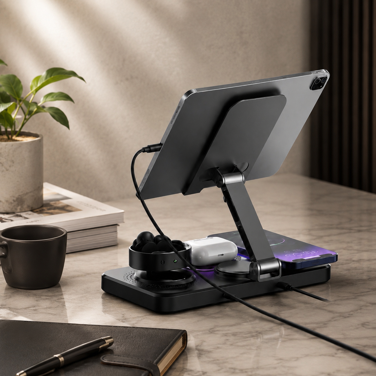 Premium 4 in 1 Magnetic Wireless Charging Station 15W Fast Charger Foldable Stand Phone Watch Earbuds LED USB Type C Compatible with iPhone