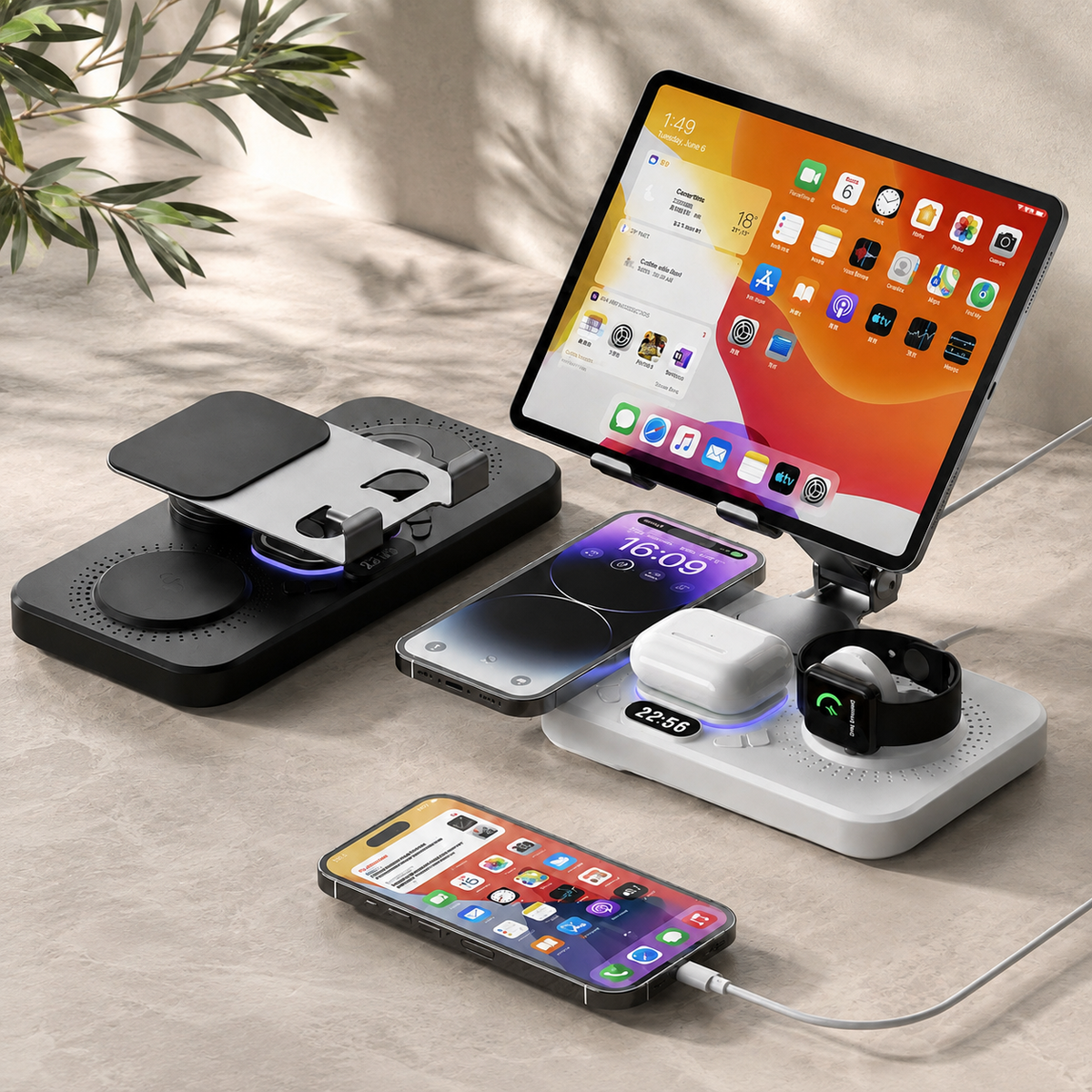 Premium 4 in 1 Magnetic Wireless Charging Station 15W Fast Charger Foldable Stand Phone Watch Earbuds LED USB Type C Compatible with iPhone