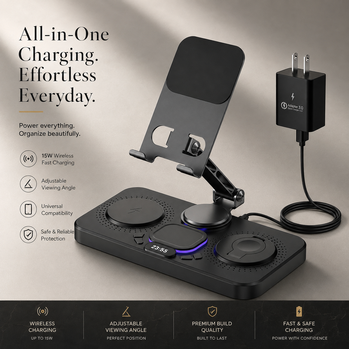 Premium 4 in 1 Magnetic Wireless Charging Station 15W Fast Charger Foldable Stand Phone Watch Earbuds LED USB Type C Compatible with iPhone