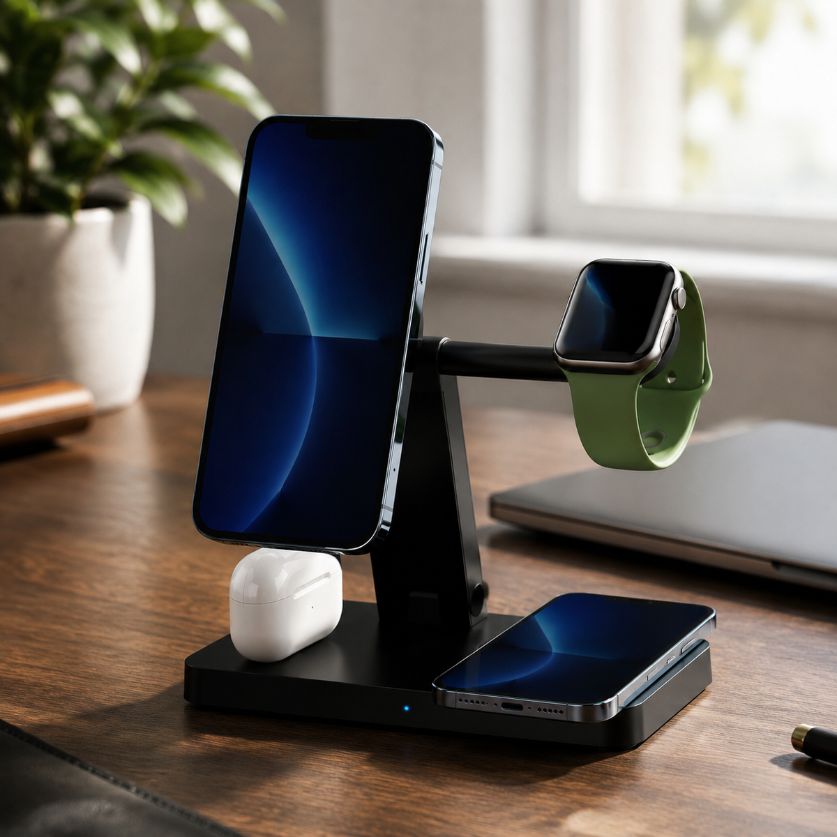 Premium 5 in 1 Magnetic Wireless Charging Station 30W Fast Qi Charger Foldable Stands LED Night Lights USB Type C Multi Devices Compatible with iPhone