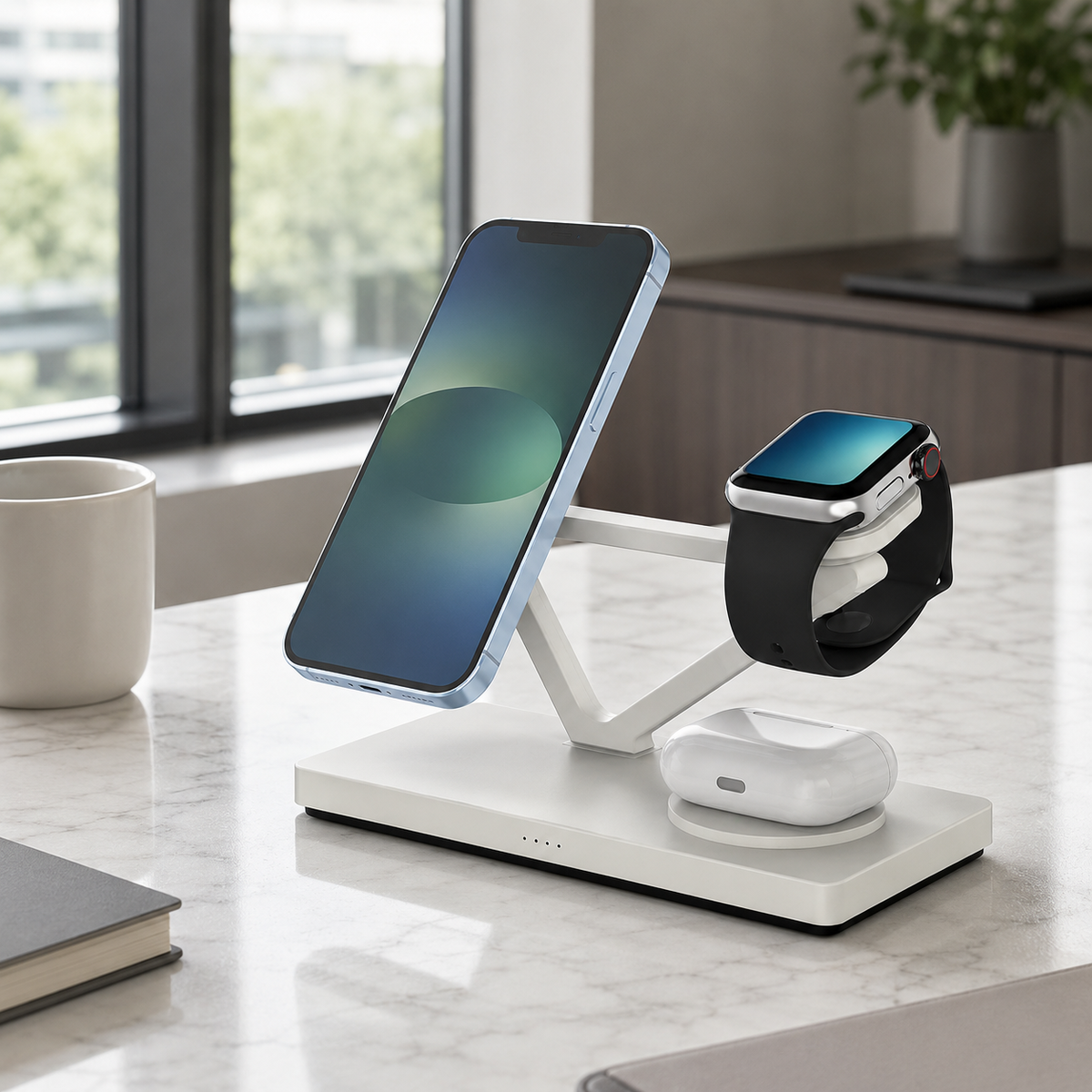 Premium 5 in 1 Magnetic Wireless Charging Station 30W Fast Qi Charger Foldable Stands LED Night Lights USB Type C Multi Devices Compatible with iPhone