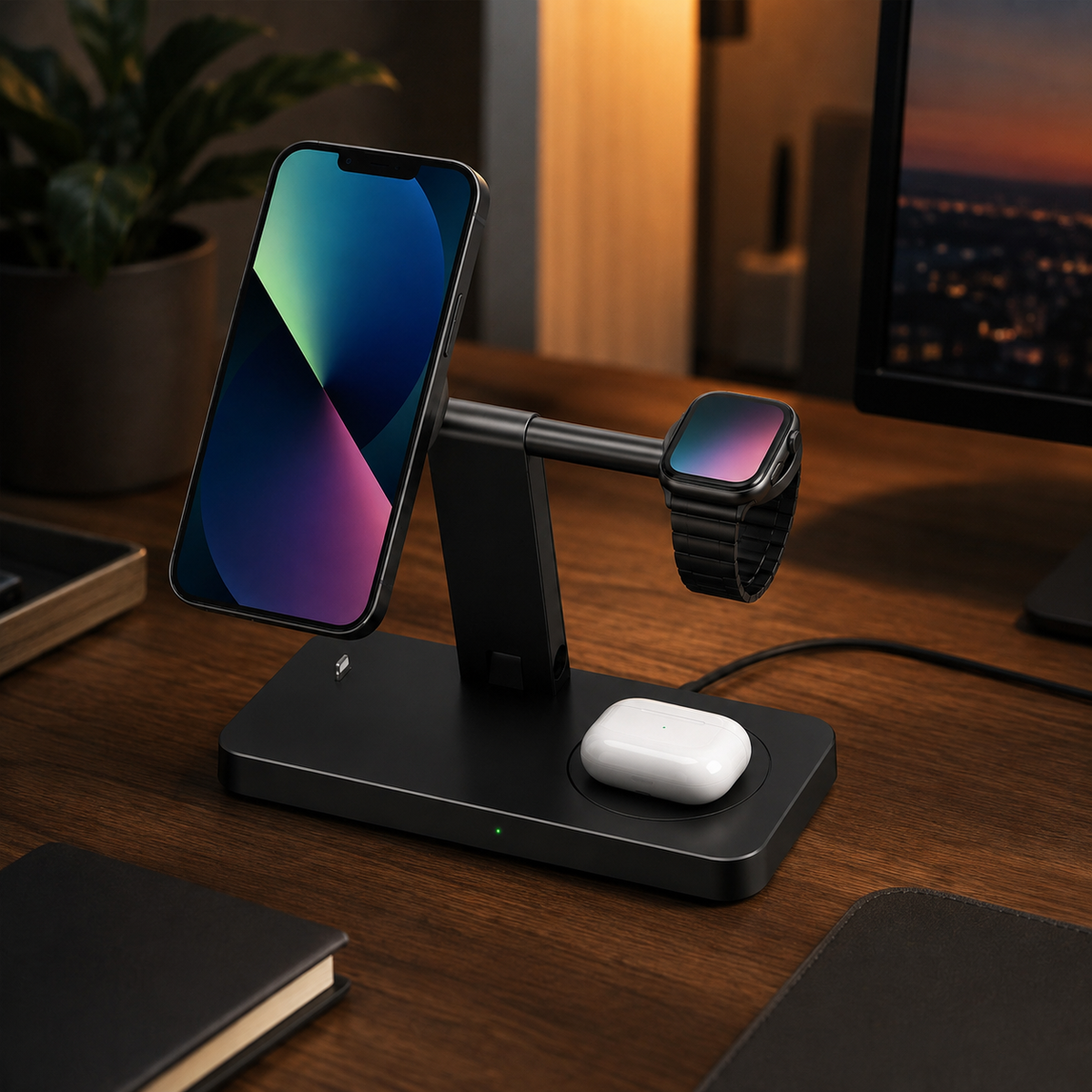 Premium 5 in 1 Magnetic Wireless Charging Station 30W Fast Qi Charger Foldable Stands LED Night Lights USB Type C Multi Devices Compatible with iPhone
