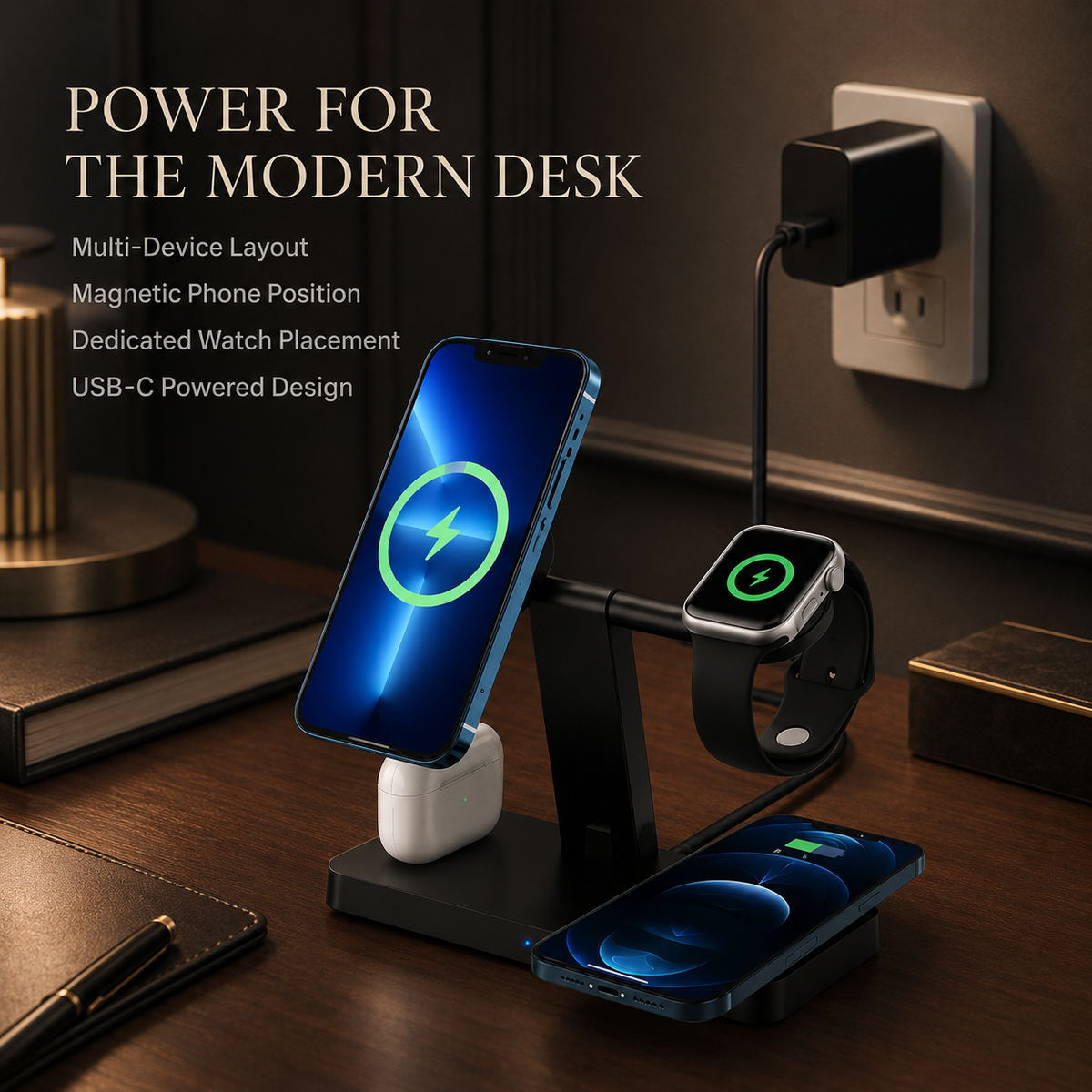 Premium 5 in 1 Magnetic Wireless Charging Station 30W Fast Qi Charger Foldable Stands LED Night Lights USB Type C Multi Devices Compatible with iPhone
