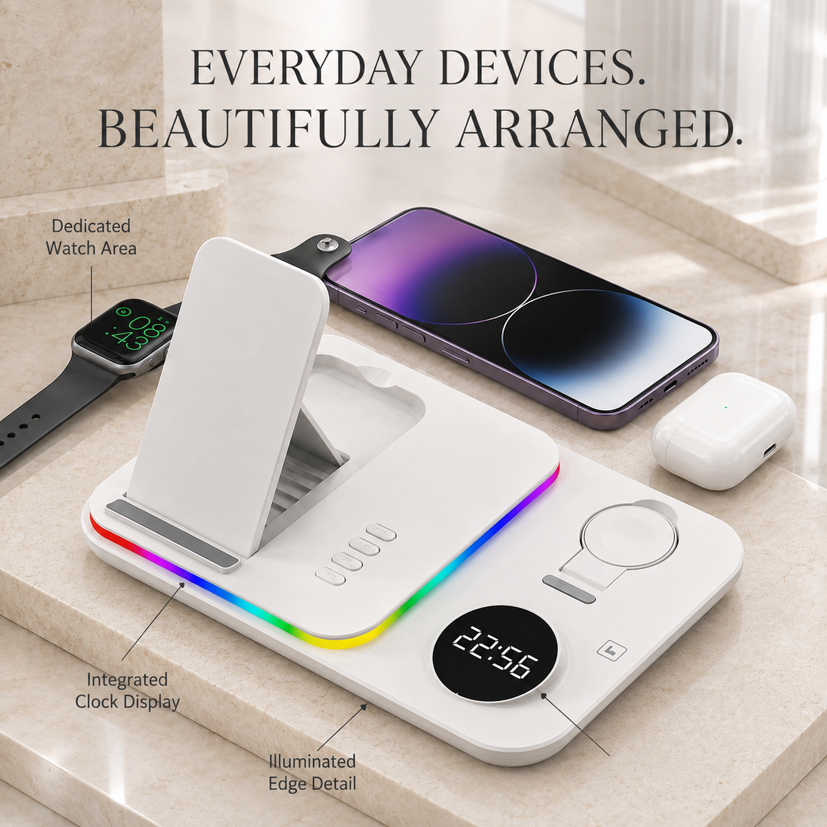 Premium 5 in 1 Wireless Charging Station 30W Fast Qi Charger Foldable Dock RGB LED Alarm Clock USB Type C Multi Device Charging Stand Compatible with iPhone