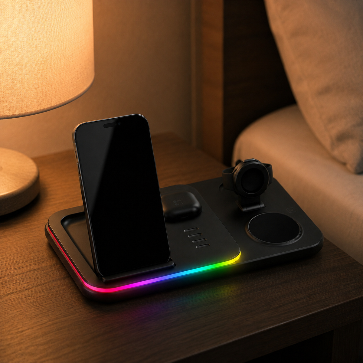 Premium 5 in 1 Wireless Charging Station 30W Fast Qi Charger Foldable Dock RGB LED Alarm Clock USB Type C Multi Device Charging Stand Compatible with iPhone