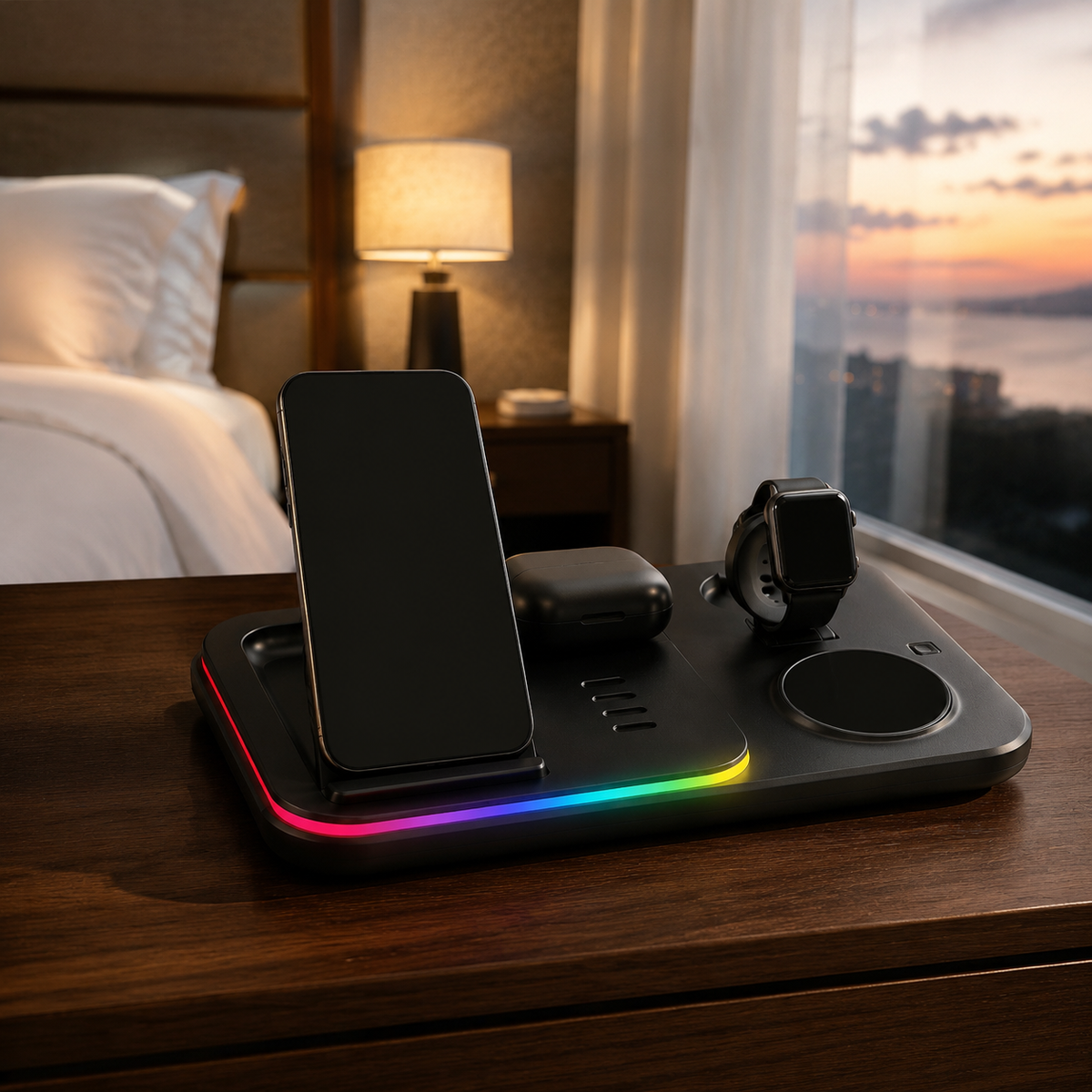 Premium 5 in 1 Wireless Charging Station 30W Fast Qi Charger Foldable Dock RGB LED Alarm Clock USB Type C Multi Device Charging Stand Compatible with iPhone