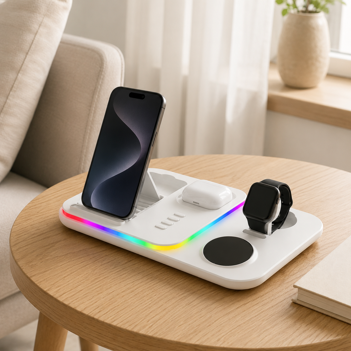 Premium 5 in 1 Wireless Charging Station 30W Fast Qi Charger Foldable Dock RGB LED Alarm Clock USB Type C Multi Device Charging Stand Compatible with iPhone