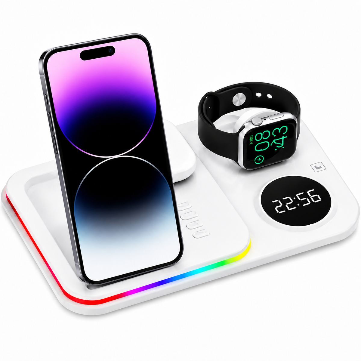 Premium 5 in 1 Wireless Charging Station 30W Fast Qi Charger Foldable Dock RGB LED Alarm Clock USB Type C Multi Device Charging Stand Compatible with iPhone