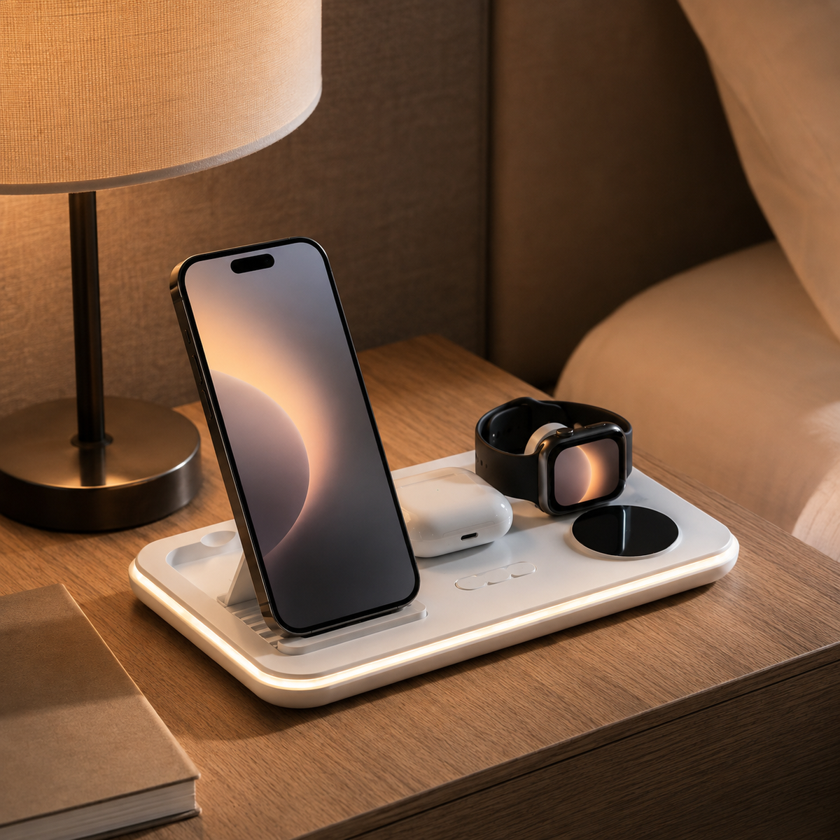 Premium 5 in 1 Wireless Charging Station 30W Fast Qi Charger Foldable Dock RGB LED Alarm Clock USB Type C Multi Device Charging Stand Compatible with iPhone