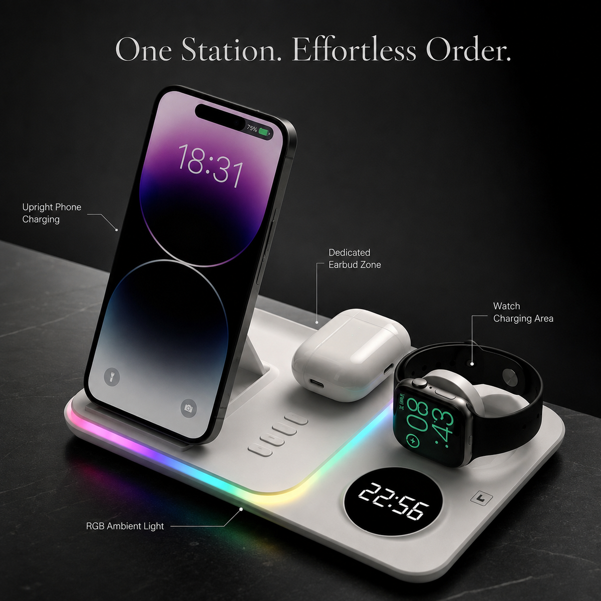 Premium 5 in 1 Wireless Charging Station 30W Fast Qi Charger Foldable Dock RGB LED Alarm Clock USB Type C Multi Device Charging Stand Compatible with iPhone