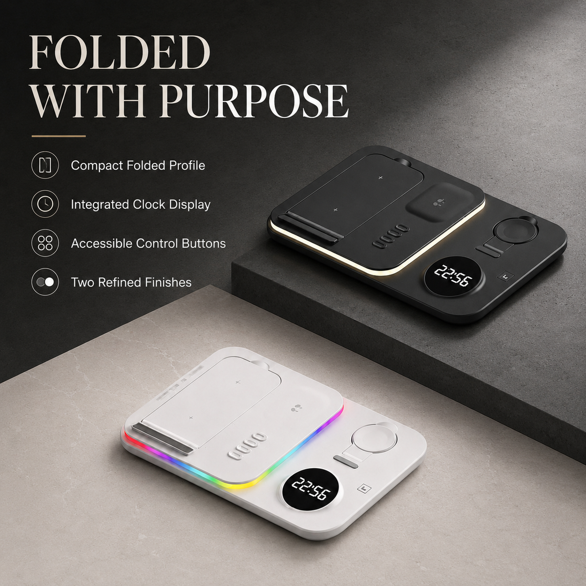 Premium 5 in 1 Wireless Charging Station 30W Fast Qi Charger Foldable Dock RGB LED Alarm Clock USB Type C Multi Device Charging Stand Compatible with iPhone