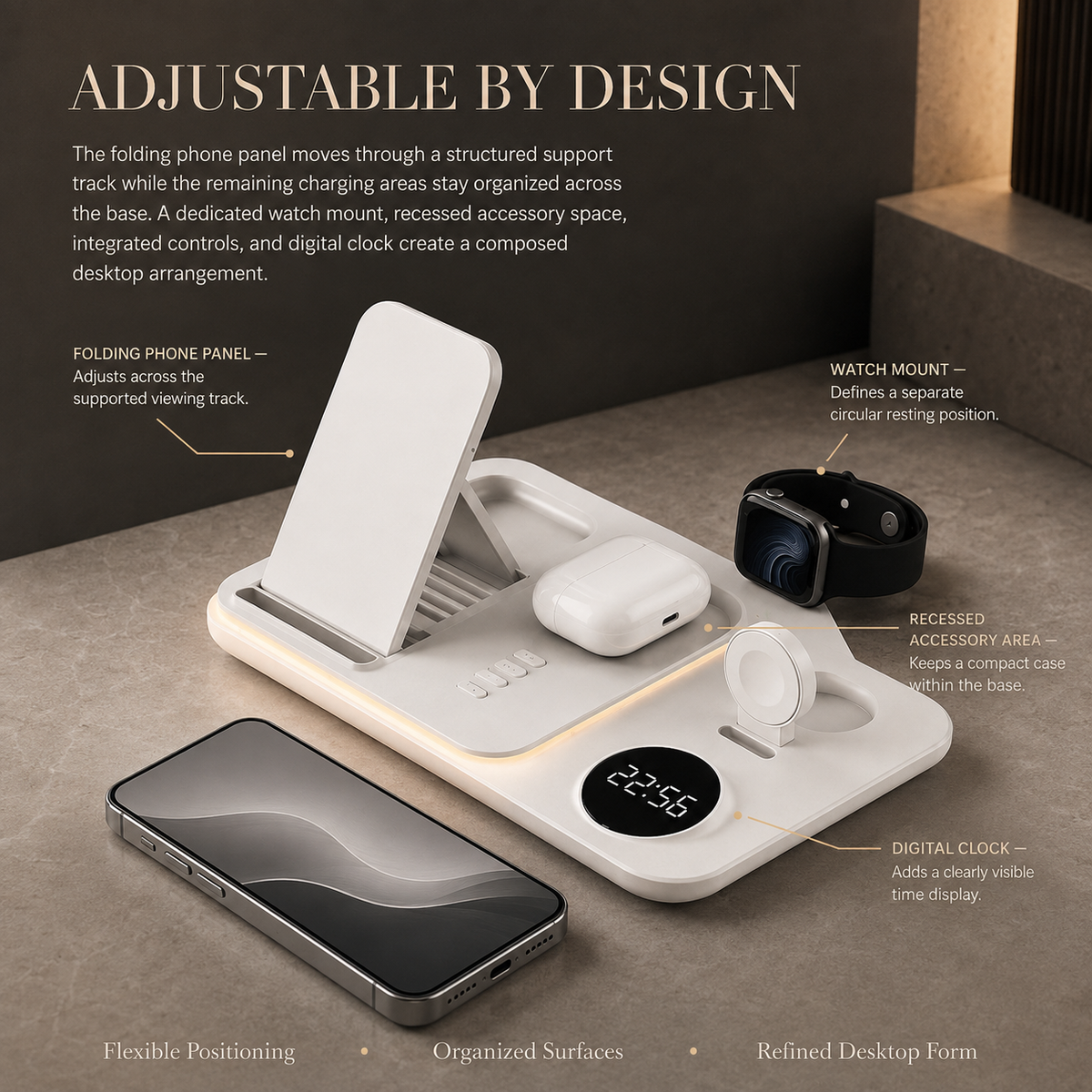 Premium 5 in 1 Wireless Charging Station 30W Fast Qi Charger Foldable Dock RGB LED Alarm Clock USB Type C Multi Device Charging Stand Compatible with iPhone