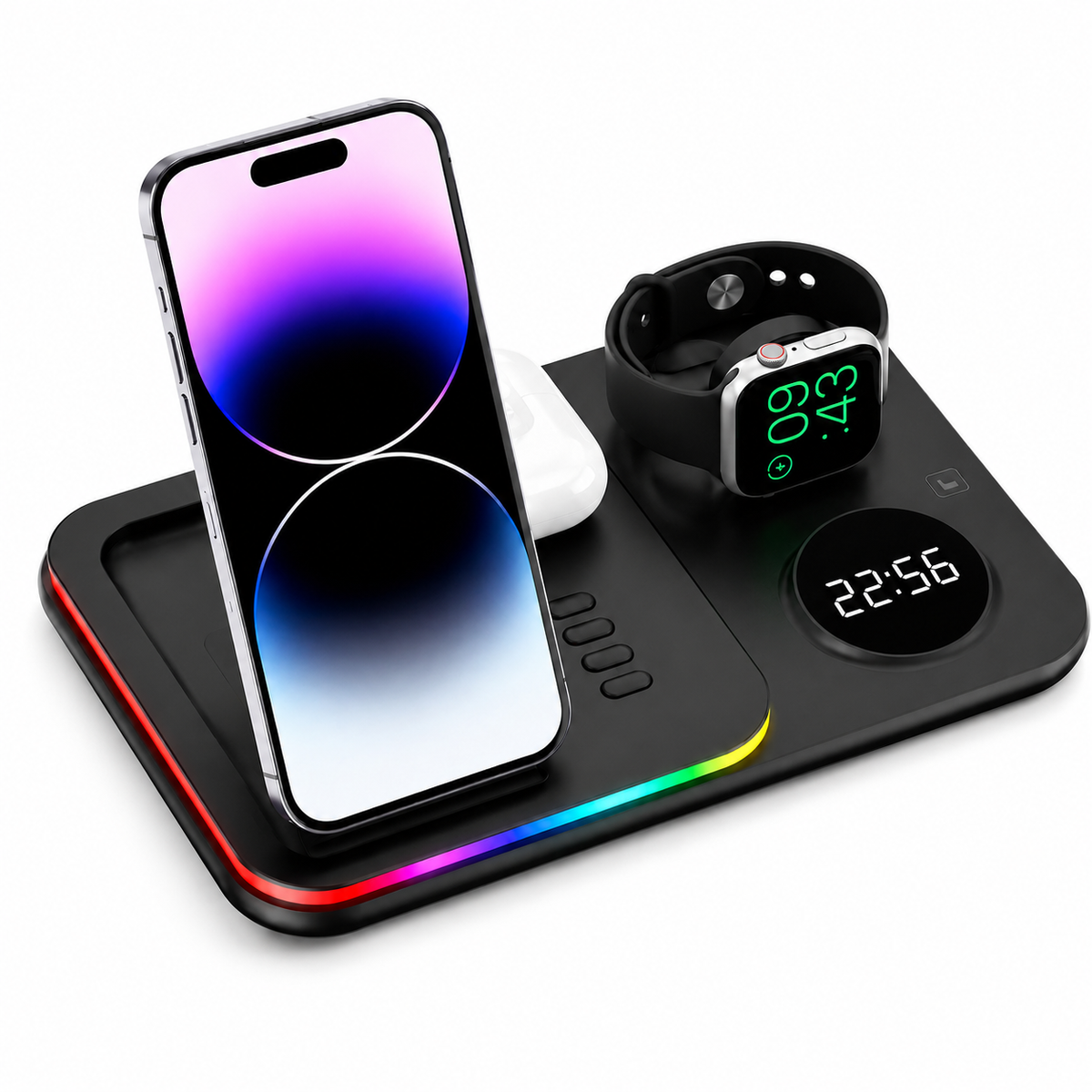 Premium 5 in 1 Wireless Charging Station 30W Fast Qi Charger Foldable Dock RGB LED Alarm Clock USB Type C Multi Device Charging Stand Compatible with iPhone
