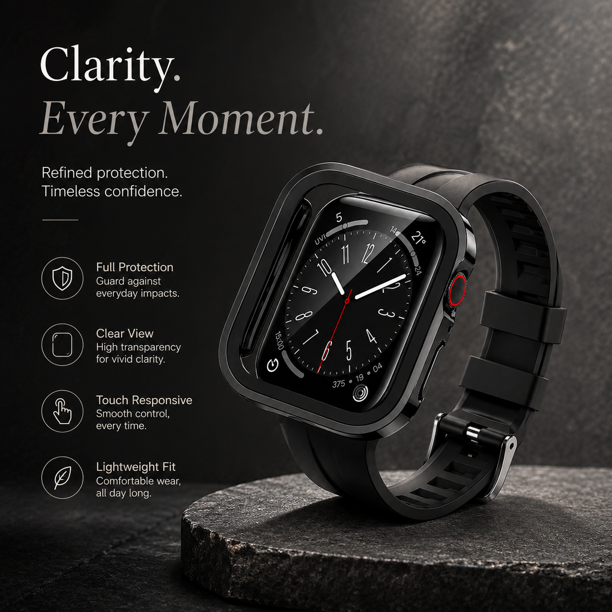 Premium Apple Watch Tempered Glass Case Full Coverage Screen Protector Shock Resistant Cover Scratch Resistant Slim Edge Protection Compatible with Apple Watch