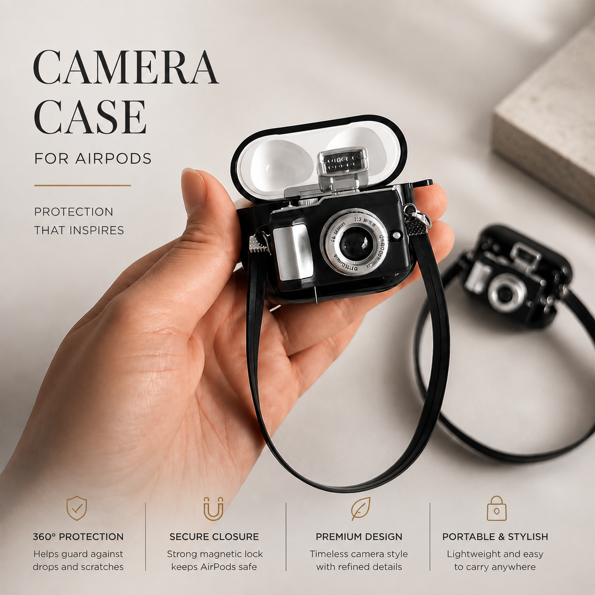 Premium Camera AirPods Case Soft Silicone Protective Cover Shockproof Wireless Charging Carry Strap Cute Earbuds Case Compatible with AirPods