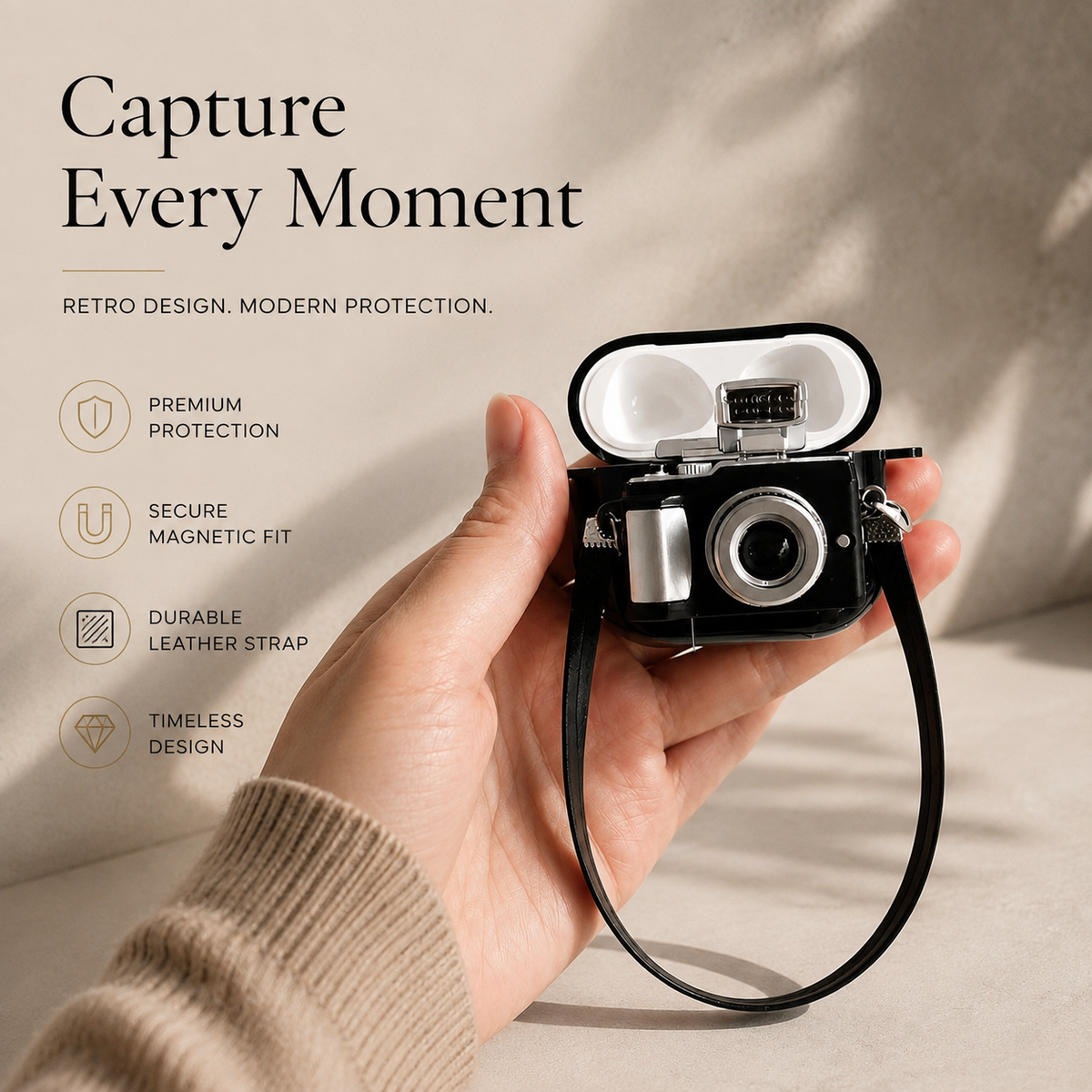 Premium Camera AirPods Case Soft Silicone Protective Cover Shockproof Wireless Charging Carry Strap Cute Earbuds Case Compatible with AirPods