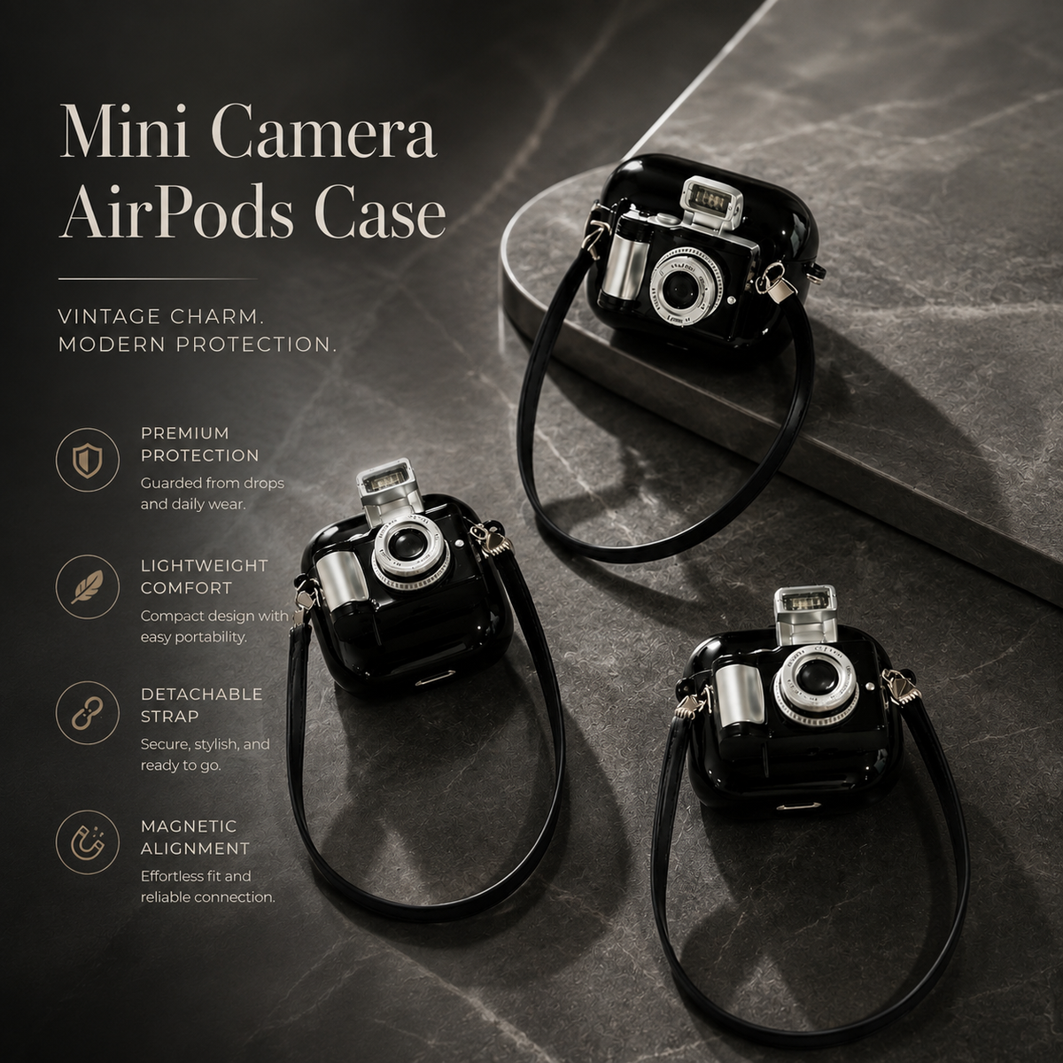Premium Camera AirPods Case Soft Silicone Protective Cover Shockproof Wireless Charging Carry Strap Cute Earbuds Case Compatible with AirPods