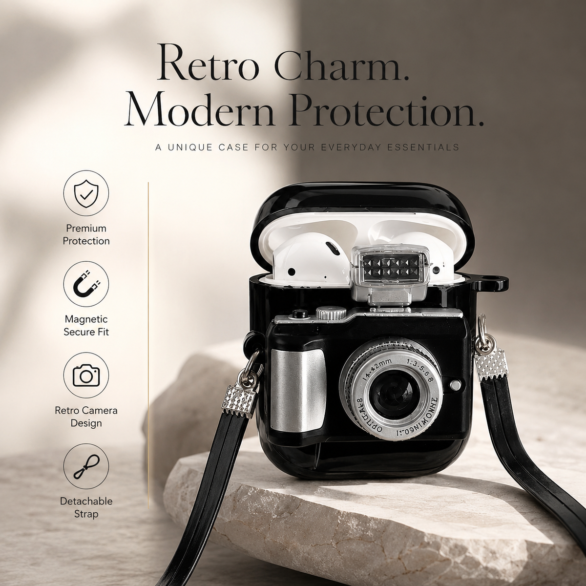 Premium Camera AirPods Case Soft Silicone Protective Cover Shockproof Wireless Charging Carry Strap Cute Earbuds Case Compatible with AirPods