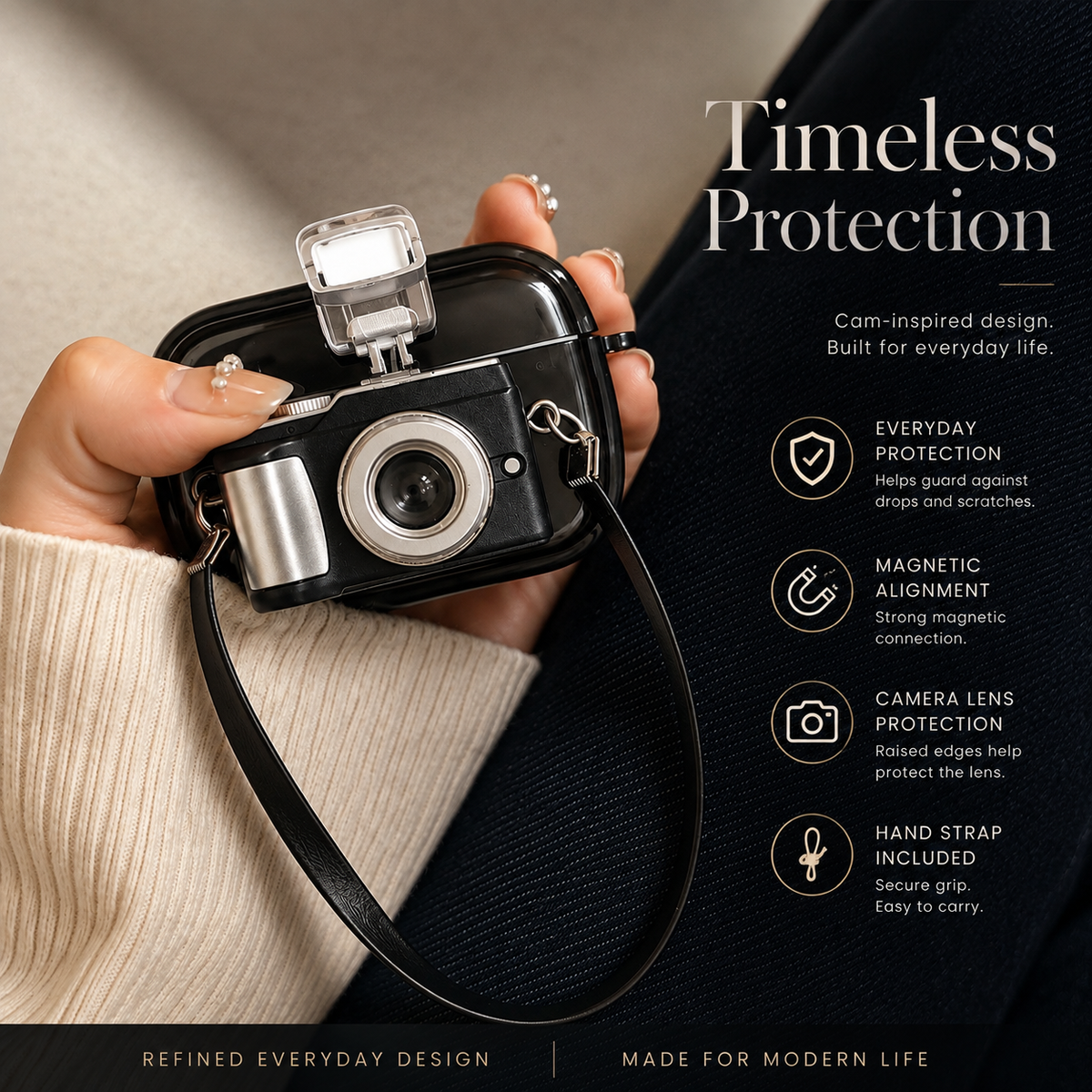 Premium Camera AirPods Case Soft Silicone Protective Cover Shockproof Wireless Charging Carry Strap Cute Earbuds Case Compatible with AirPods
