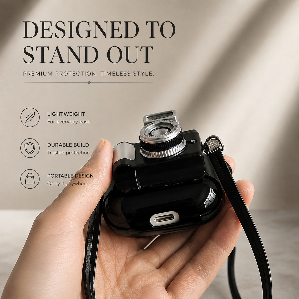 Premium Camera AirPods Case Soft Silicone Protective Cover Shockproof Wireless Charging Carry Strap Cute Earbuds Case Compatible with AirPods
