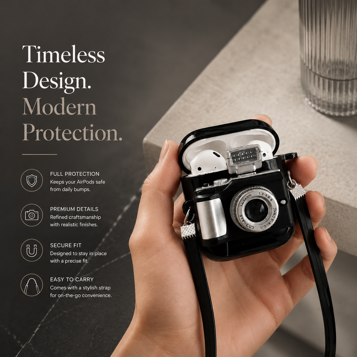 Premium Camera AirPods Case Soft Silicone Protective Cover Shockproof Wireless Charging Carry Strap Cute Earbuds Case Compatible with AirPods