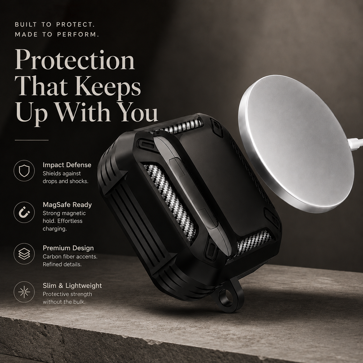 Premium Carbon Fiber AirPods Case Cover Shockproof TPU Protective Case Secure Lock Wireless Charging Anti Scratch Keychain Compatible with AirPods