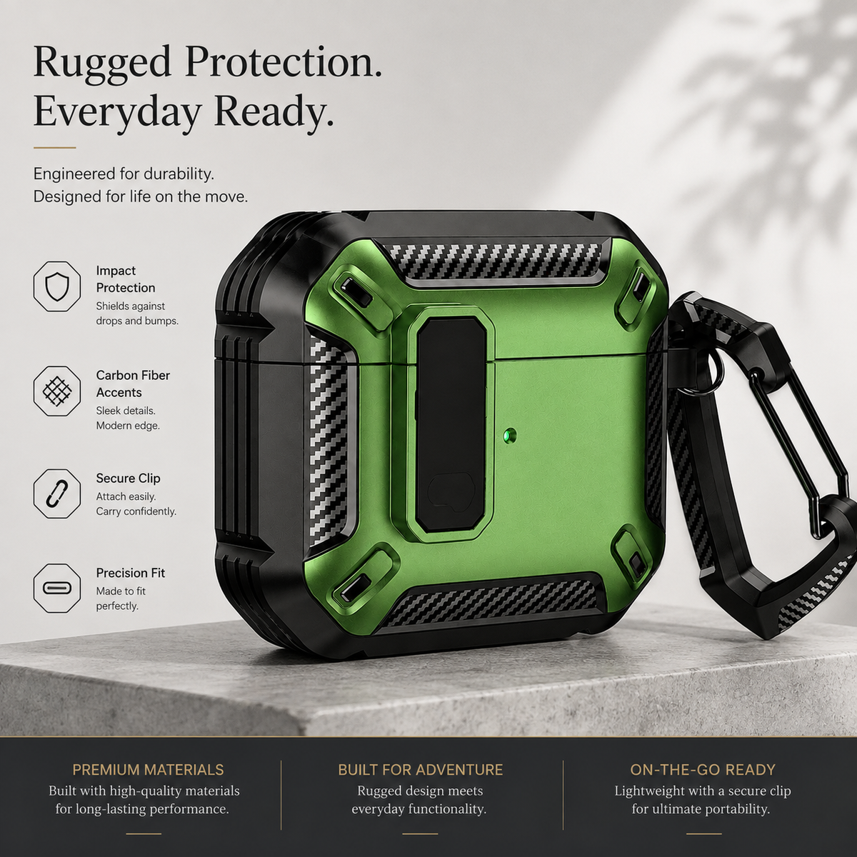 Premium Carbon Fiber AirPods Case Cover Shockproof TPU Protective Case Secure Lock Wireless Charging Anti Scratch Keychain Compatible with AirPods