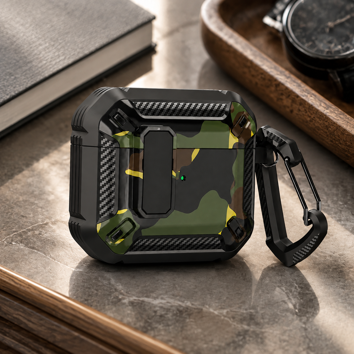 Premium Carbon Fiber AirPods Case Cover Shockproof TPU Protective Case Secure Lock Wireless Charging Anti Scratch Keychain Compatible with AirPods