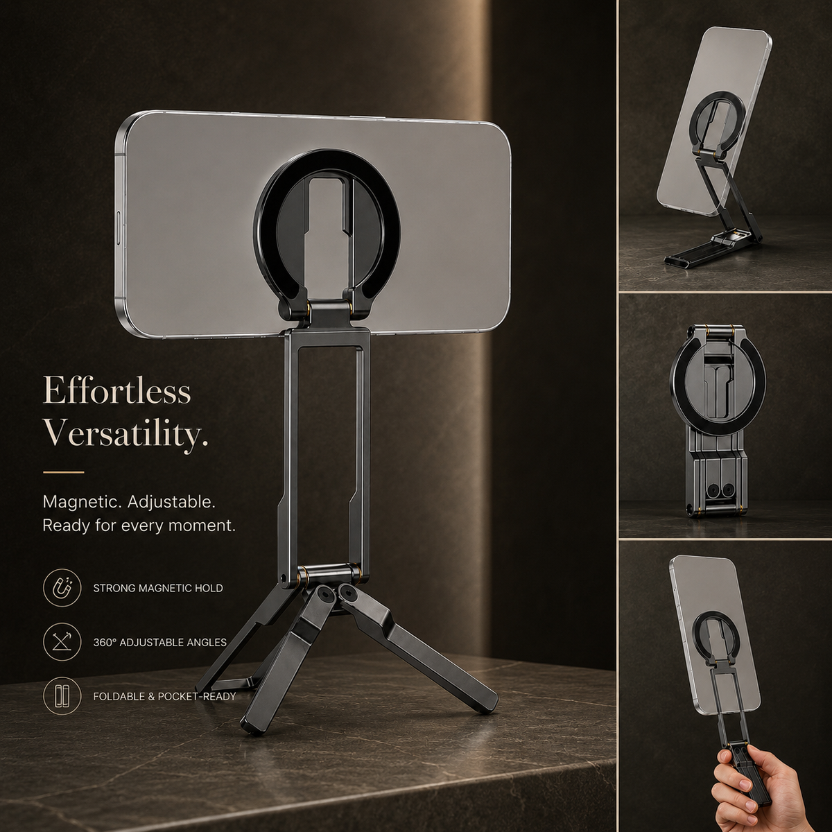 Premium MagSafe Magnetic Phone Tripod Stand Ultra Slim Pocket Phone Holder N52 Magnetic Grip 360 Adjustable Stand Compatible with iPhone