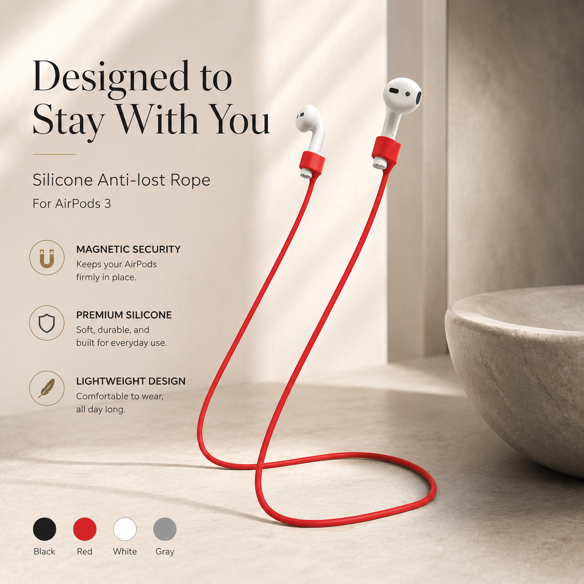 Premium Magnetic Anti Lost AirPods Strap Silicone Neckband Wireless Earbuds Holder Secure Magnetic Lanyard Lightweight Cord Compatible with AirPods