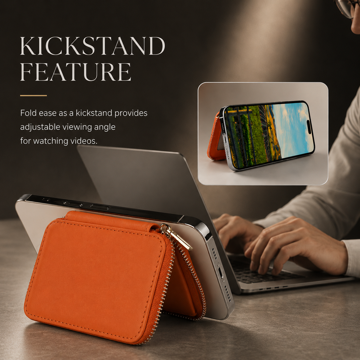 Premium Magnetic Leather Wallet MagSafe Card Holder RFID Blocking Slim Wallet Case Card Storage Lanyard Support Compatible with iPhone