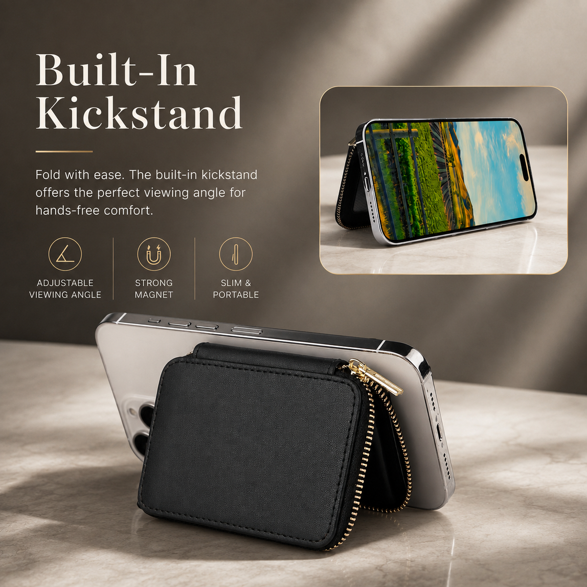 Premium Magnetic Leather Wallet MagSafe Card Holder RFID Blocking Slim Wallet Case Card Storage Lanyard Support Compatible with iPhone