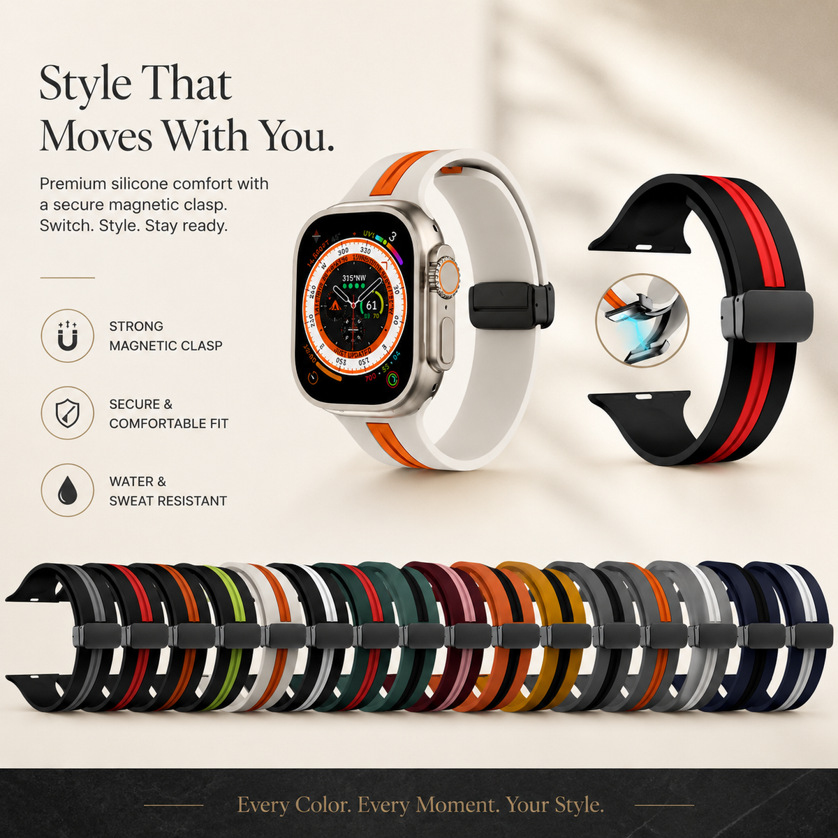Premium Magnetic Silicone Smartwatch Strap Breathable Replacement Watch Band Snap Closure Sweat Resistant Adjustable Wristband Compatible with Apple Watch
