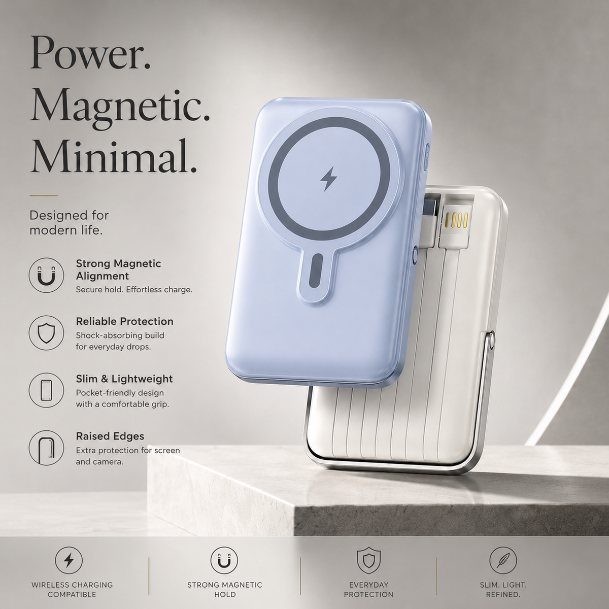 Premium Magnetic Wireless Power Bank 10000mAh 22.5W Fast Charging Portable Battery Built In Cable Wireless Charger Stand PD Compatible with iPhone