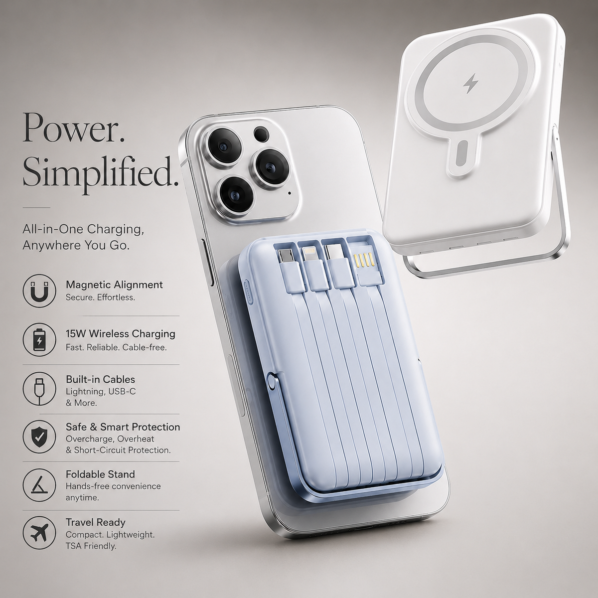Premium Magnetic Wireless Power Bank 10000mAh 22.5W Fast Charging Portable Battery Built In Cable Wireless Charger Stand PD Compatible with iPhone