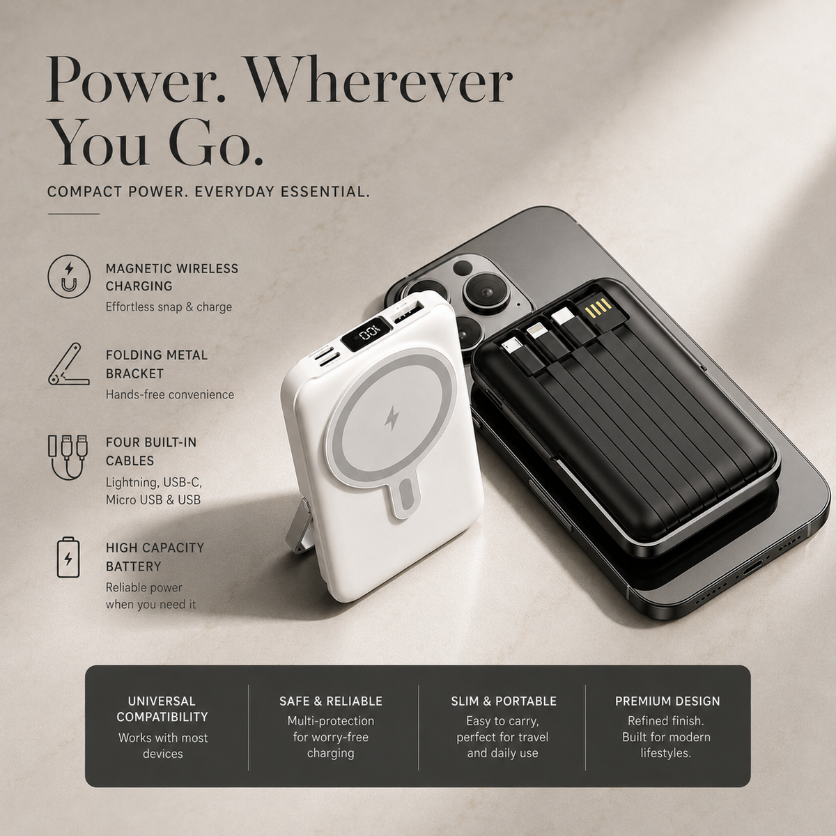 Premium Magnetic Wireless Power Bank 10000mAh 22.5W Fast Charging Portable Battery Built In Cable Wireless Charger Stand PD Compatible with iPhone