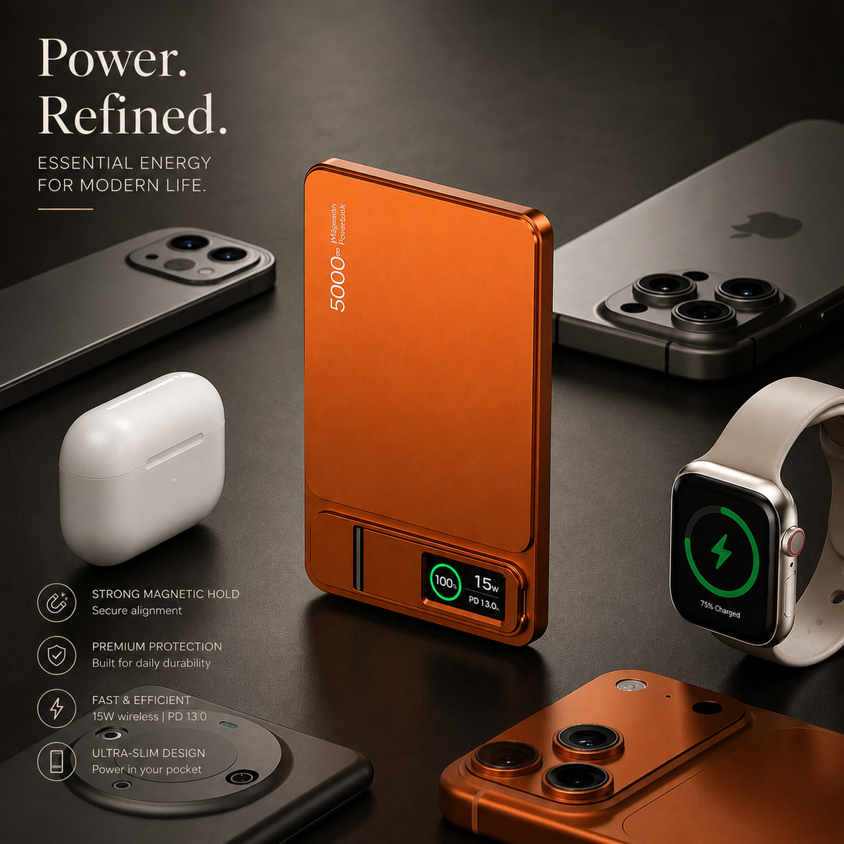 Premium Magnetic Wireless Power Bank Fast Charging Portable Battery Digital Display Metal Shell USB C Wireless Charger Two Way Charging Compatible with iPhone