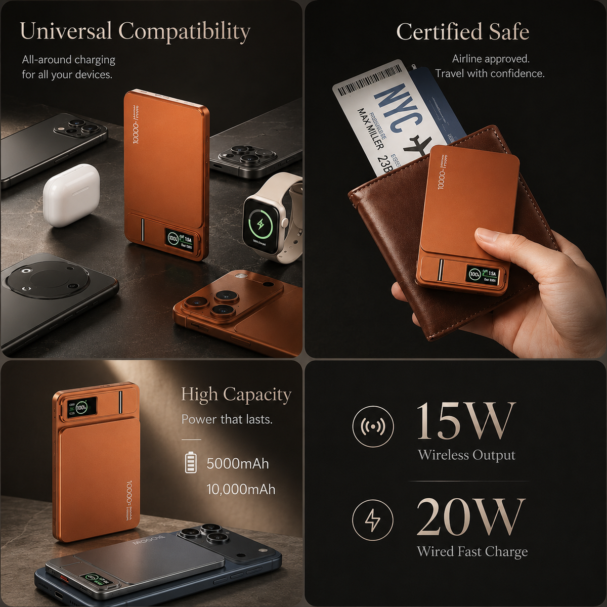 Premium Magnetic Wireless Power Bank Fast Charging Portable Battery Digital Display Metal Shell USB C Wireless Charger Two Way Charging Compatible with iPhone