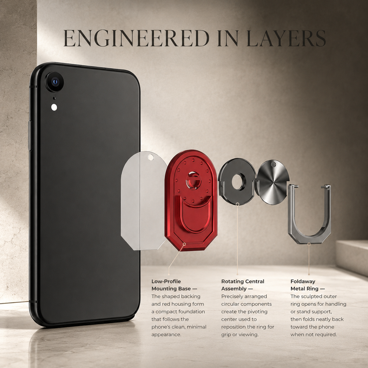 Premium Metal Finger Ring Phone Holder 180 Rotating Grip Stand Foldable Kickstand Adhesive Smartphone Holder Zinc Alloy Universal Compatible with iPhone