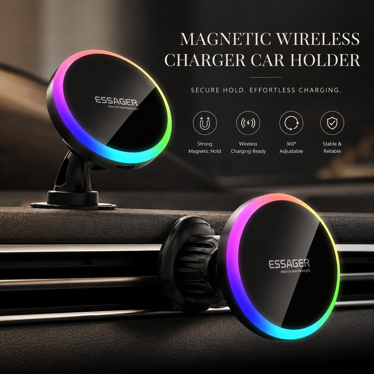 Premium RGB Magnetic Wireless Car Phone Holder 15W Qi Fast Charging Mount 360 Rotating Dashboard Air Vent Stand LED Light Compatible with iPhone