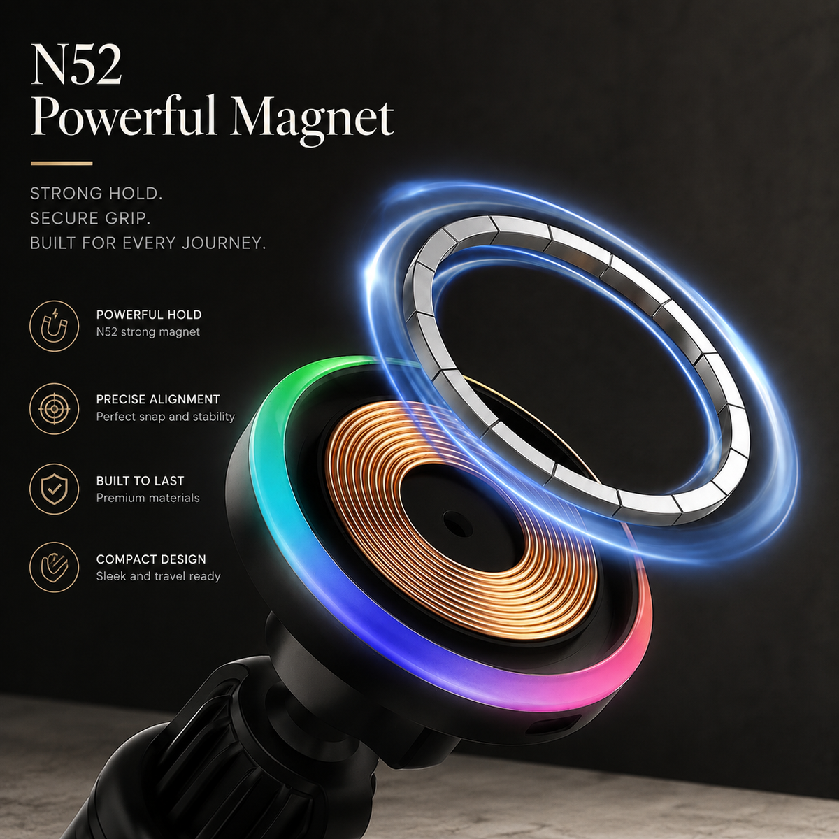 Premium RGB Magnetic Wireless Car Phone Holder 15W Qi Fast Charging Mount 360 Rotating Dashboard Air Vent Stand LED Light Compatible with iPhone