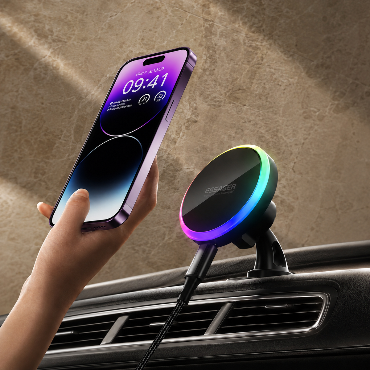 Premium RGB Magnetic Wireless Car Phone Holder 15W Qi Fast Charging Mount 360 Rotating Dashboard Air Vent Stand LED Light Compatible with iPhone