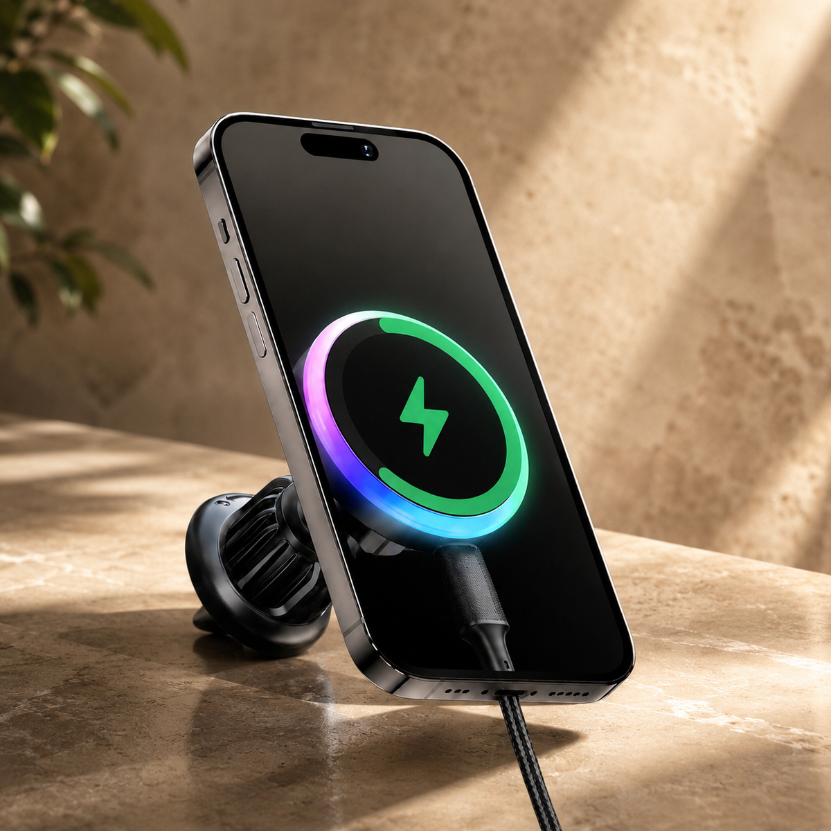 Premium RGB Magnetic Wireless Car Phone Holder 15W Qi Fast Charging Mount 360 Rotating Dashboard Air Vent Stand LED Light Compatible with iPhone
