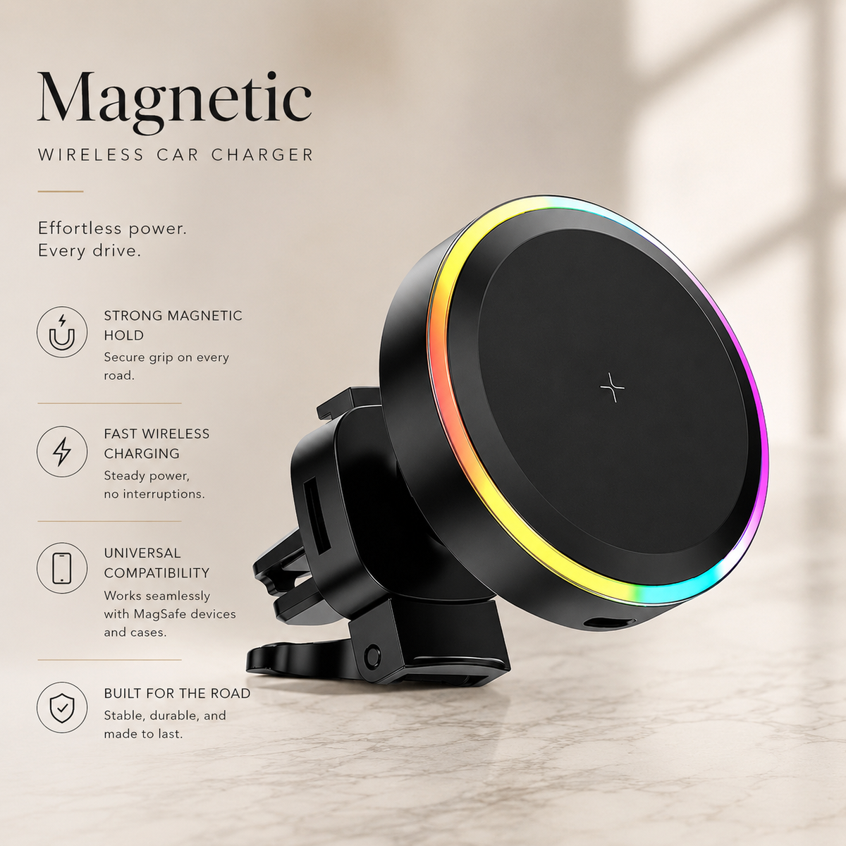 Premium RGB Magnetic Wireless Car Phone Holder 15W Qi Fast Charging Mount 360 Rotating Dashboard Air Vent Stand LED Light Compatible with iPhone