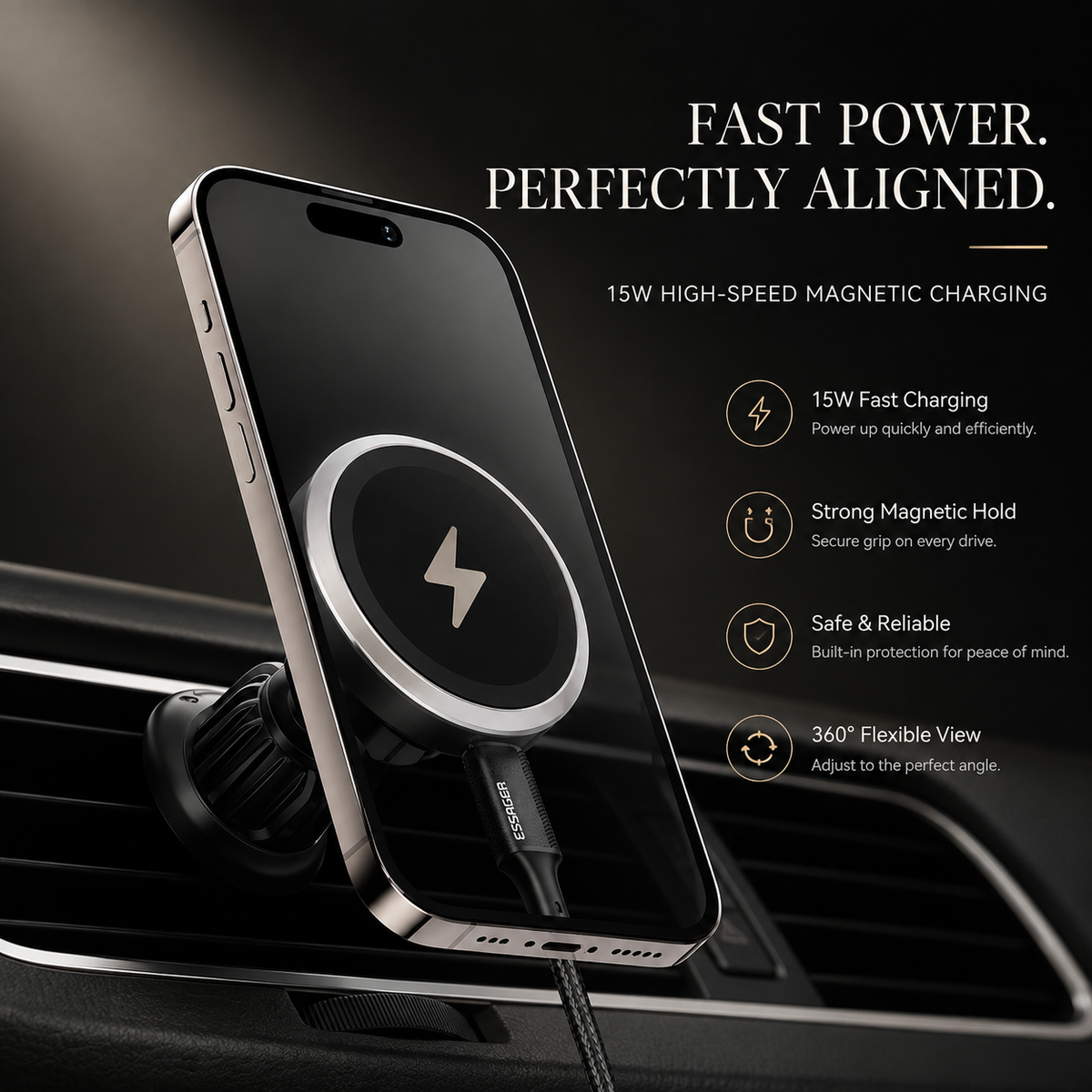 Premium RGB Magnetic Wireless Car Phone Holder 15W Qi Fast Charging Mount 360 Rotating Dashboard Air Vent Stand LED Light Compatible with iPhone